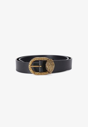 Ceinture en cuir noir avec une boucle en métal doré ornée d'un motif de main et de strass incrustés, design plat avec texture lisse.