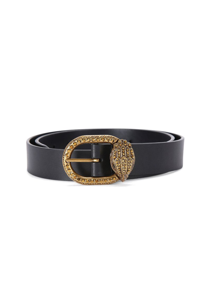 Cintura in pelle nera con fibbia in metallo dorato raffigurante un motivo a mano e con strass incastonati, design piatto con texture liscia.