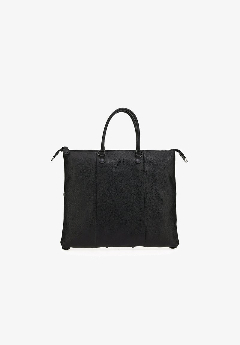 Borsa tote in pelle nera con doppie maniglie, chiusura zip, superficie testurizzata e branding discreto. Presenta una forma piatta e un design minimalista.