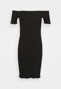 Svart off-the-shoulder klänning i ribbat tyg, figursydd design med korta ärmar och scallopade kanter på ärmarna och fållen.