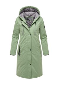 Light green, long waterproof jacket with a zip and button closure, adjustable hood, and gray insulated lining. Features side pockets and black accents.