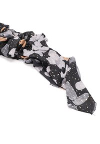 Foulard nero con motivi astratti in grigio chiaro e marrone con punti dorati, realizzato in tessuto leggero, rifinito con bordi sfrangiati.