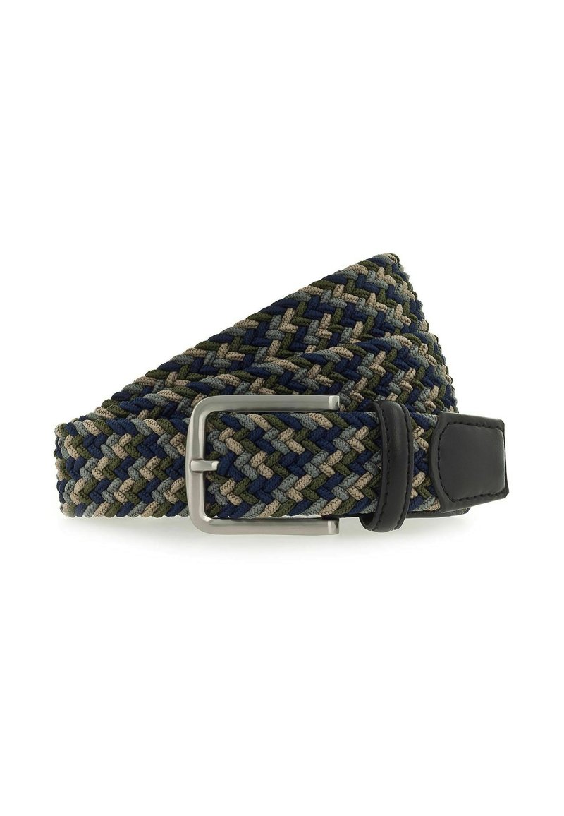 Gewebter elastischer Gürtel in Marineblau, Olivgrün und Beige. Mit einer silbernen Metall-Schnalle und schwarzen Lederakzenten. Texturiertes, dehnbares Design.