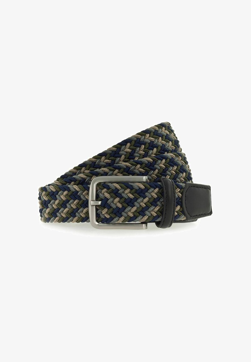 Gewebter elastischer Gürtel in Marineblau, Olivgrün und Beige. Mit einer silbernen Metall-Schnalle und schwarzen Lederakzenten. Texturiertes, dehnbares Design.