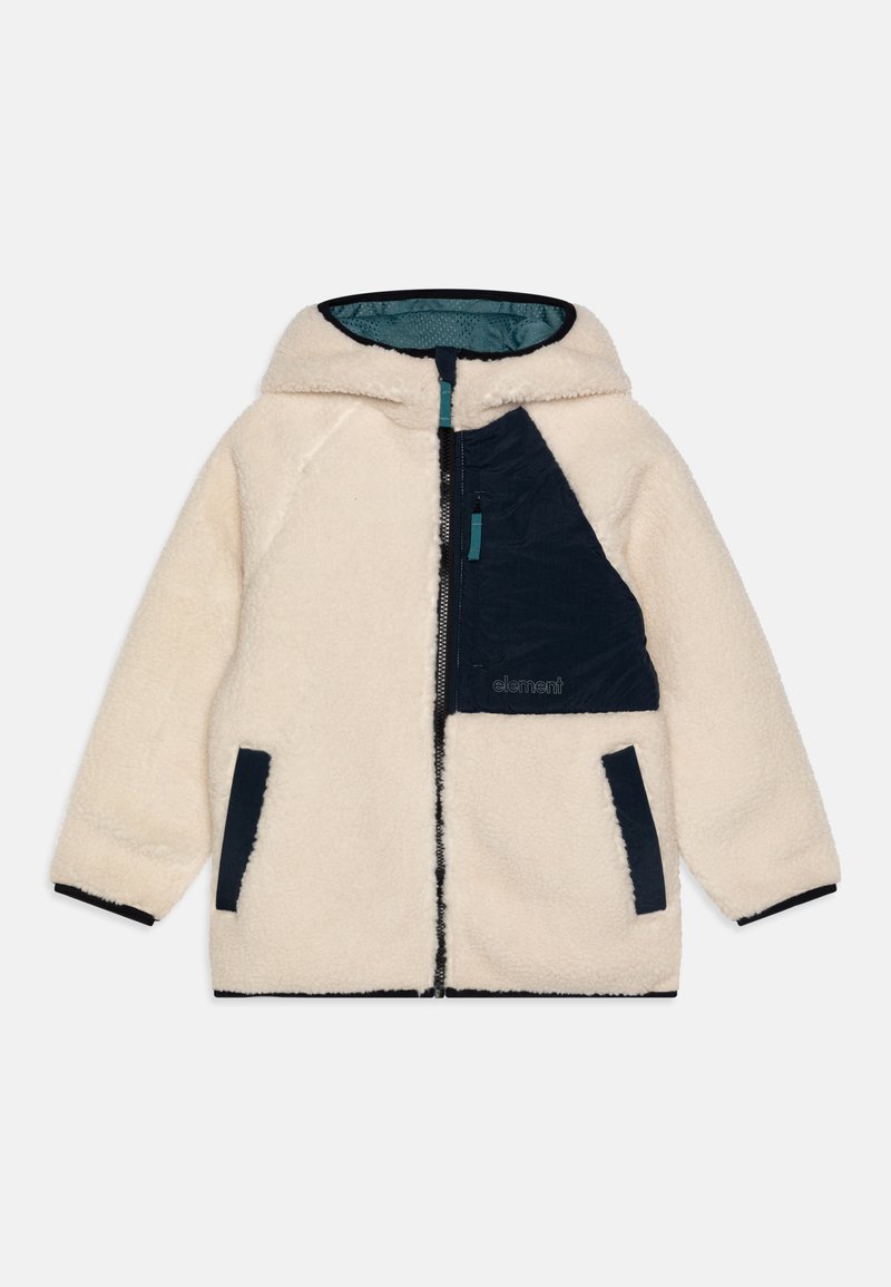 Fleece-Jacke in Creme mit einem navyfarbenen Frontpaneel, Reißverschluss, verstellbarer Kapuze und seitlichen Taschen. Kontrastnähte an den Bündchen und am Saum.