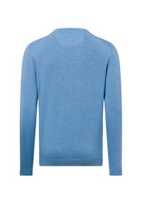 Blauer Langarmpullover aus weichem Strickstoff, mit Rundhalsausschnitt, geripptem Saum und nahtlosem Schulterdesign.