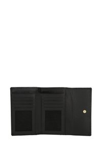 Melna ādas maks ar vairākiem karšu turētājiem un divām acs nodaļām. Aprīkots ar pogu aizdari un gludu, teksturētu apdari.