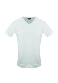 T-shirt a maniche corte a V del marchio White Diesel, di colore bianco, con logo discreto sul lato sinistro del petto, esposto su uno sfondo bianco plain.