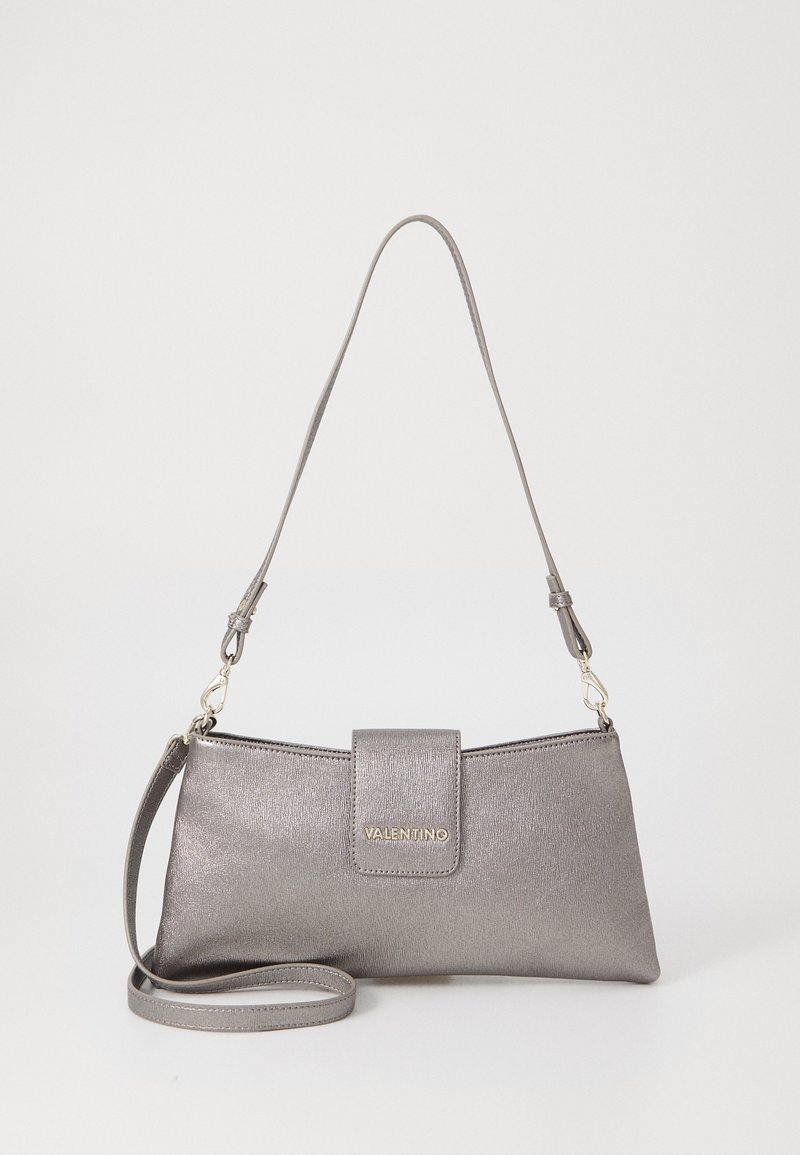 Silver Valentino handbag with detachable shoulder and crossbody straps, rectangular shape, and branded flap closure on a white background.