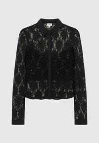 Chemisier en dentelle noire à manches longues, avec un col, une fermeture à boutons et une texture froncée à l'avant. Motif floral sur l'ensemble.