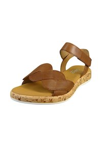 Brown leather sandals with a cork sole. Features two curved straps across the vamp, adjustable ankle strap, and a cushioned footbed.