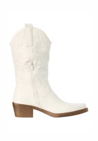 Witte cowboylaars tot halverwege de kuit met zijrits, decoratieve stiksels, aantreklus en houten blokhak.