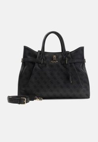 Schwarze synthetische Handtasche mit zwei Griffen, goldfarbenen Beschlägen und einem Logo-Akzent. Verfügt über ein strukturiertes Design und einen abnehmbaren Riemen.