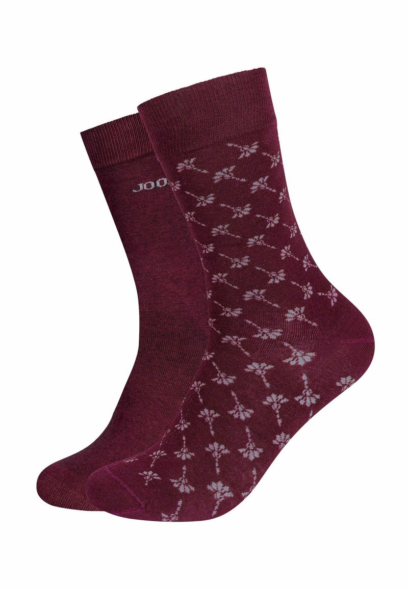 Calze bordeaux con un motivo floreale in grigio chiaro, polsini a coste e una texture liscia. Una calza presenta il marchio "JOOP!" stampato.