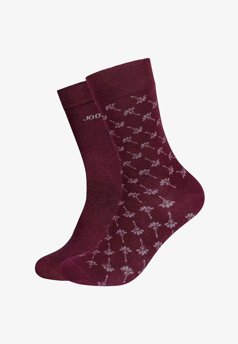Calze bordeaux con un motivo floreale in grigio chiaro, polsini a coste e una texture liscia. Una calza presenta il marchio "JOOP!" stampato.