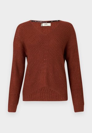 Rust-colored knitted sweater with a V-neck, long sleeves, and a textured pattern. Features a subtle ribbed design and a loose fit.