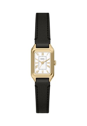 Montre-bracelet rectangulaire ton or avec cadran blanc, chiffres romains noirs, trois aiguilles dorées et bracelet en cuir noir de Fossil.