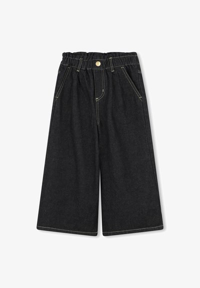 Pantalons large en denim noir avec une taille élastique, poches avant, coutures contrastantes jaunes et fermeture à bouton.