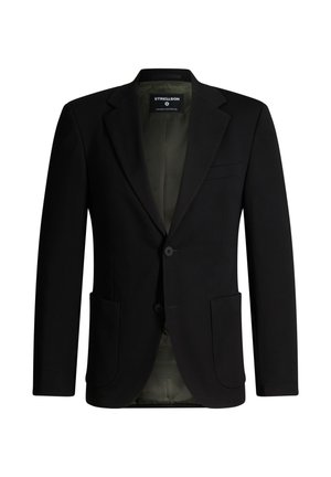 Blazer nero monopetto con rever a incavo, due tasche applicate frontali, due bottoni e fodera interna color oliva.