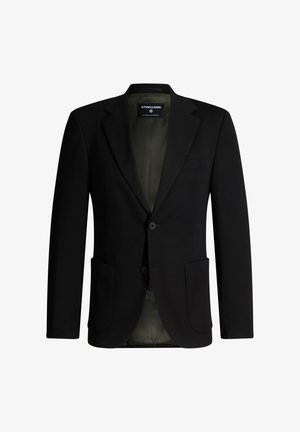 Zwarte enkelrijige blazer met inkeping revers, twee voorzakken, twee knopen en een binnenvoering in olijfgroen.