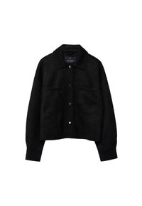 Giacca cropped in suede nero con collo, due tasche frontali e chiusura a bottone a pressione argentato. Ha maniche ampie e una superficie texturizzata.
