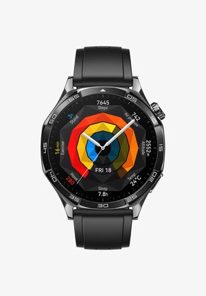 Black smartwatch with a circular face, metallic frame, vibrant geometric display showing time and fitness data, rubber strap, and side buttons.