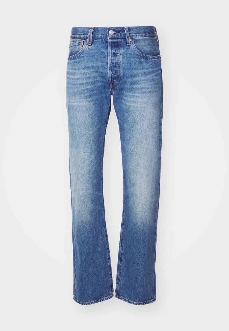 Denim-Jeans in hellblau mit ausgewaschenem Effekt, geradem Bein-Design, Fünf-Taschen-Stil und metallischem Knopfverschluss. Ausgefranste Saumdetails.