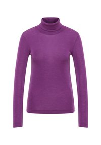 Lila Rollkragenpullover mit langen Ärmeln, aus weichem, leichtem Stoff. Hat ein tailliertes Design und eine glatte Textur.