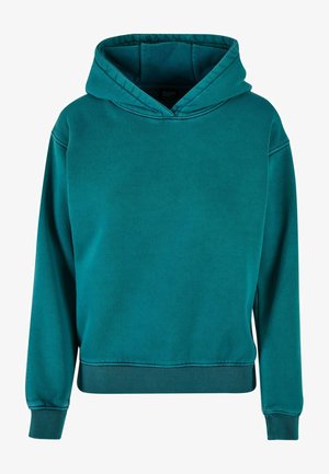 Haut à capuche teal en tissu mélangé coton. Doté d'une poche kangourou à l'avant, de poignets et d'un ourlet côtelés, avec une capuche ajustable par cordon de serrage.