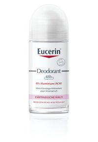 Eucerin-Deodorant in einem transparenten zylindrischen Behälter mit einer weißen Kuppelkappe. Mit einem rosa-weißen Etikett, auf dem "0% Aluminium" und "48h" steht.