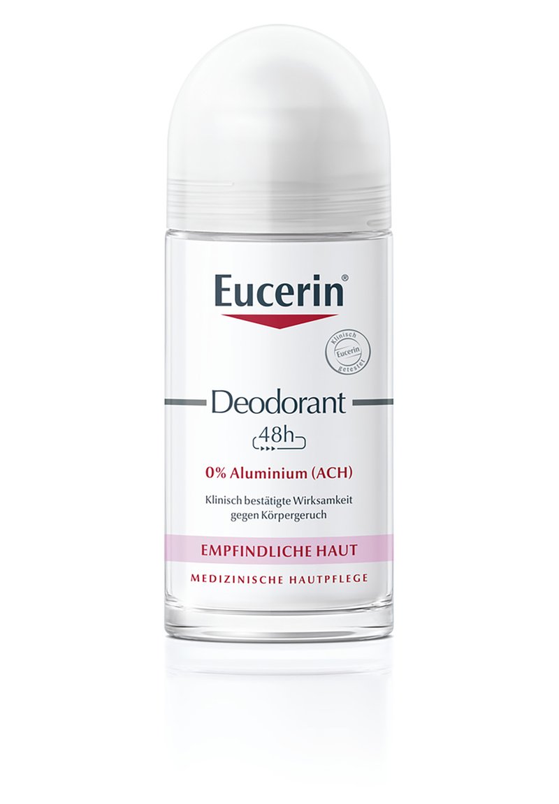Eucerin-Deodorant in einem transparenten zylindrischen Behälter mit einer weißen Kuppelkappe. Mit einem rosa-weißen Etikett, auf dem "0% Aluminium" und "48h" steht.