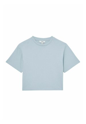 T-shirt corta azzurro chiaro con maniche corte, scollo rotondo e tessuto di cotone morbido e liscio. Design minimalista, senza motivi o accenti.