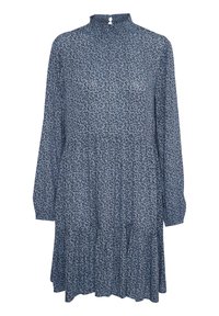 Vestido azul de manga larga con cuello alto y pequeño patrón floral negro, que presenta una falda en capas y puños fruncidos.