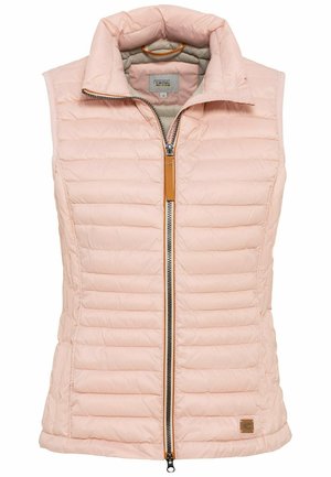 Light pink insulated vest with a high collar, horizontal stitch pattern, front zipper with brown accent, and a logo patch at the hem.