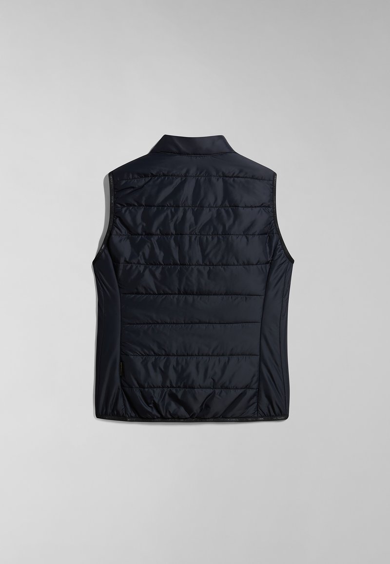 Granatowa, bezrękawnikowa kamizelka z pikowanym wzorem, gładkiego materiału i wysokim kołnierzem; posiada poziome przeszycia i prosty dół.