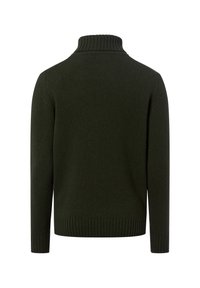 Dunkelgrüner Strickpullover mit hohem geripptem Kragen, langen Ärmeln und geripptem Saum. Weiche Textur mit einem schlichten, einfarbigen Design.