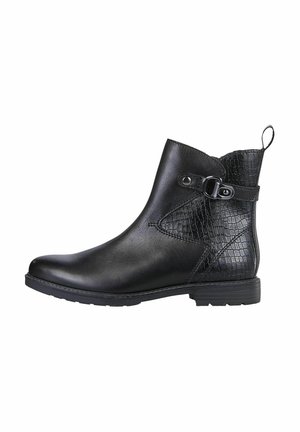 Botte cheville en cuir noir avec une finition lisse, présentant un panneau texturé au motif crocodile, un détail de boucle sur le côté et un petit talon empilé.