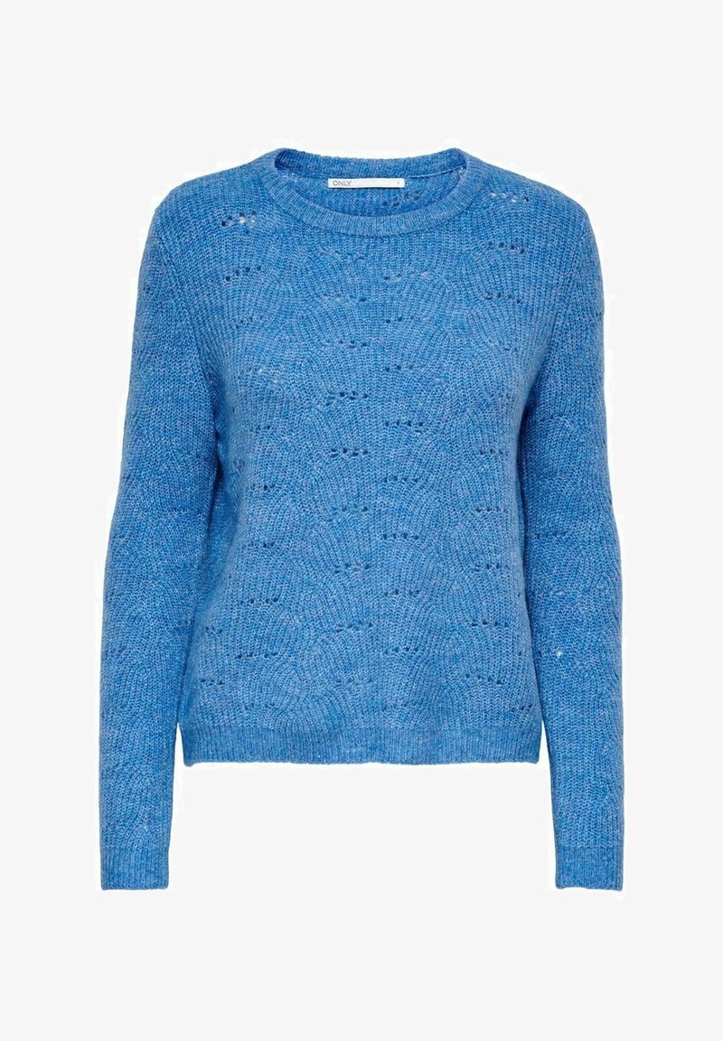 Pull bleu tricoté à col rond avec manches longues et motif texturé, présenté sur fond blanc.
