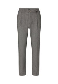 Grey dress pants with a textured fabric, featuring front pleats, a button closure, and a slim tapered leg design. No back pockets.