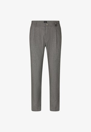 Grey dress pants with a textured fabric, featuring front pleats, a button closure, and a slim tapered leg design. No back pockets.