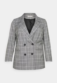 Grå rutig dubbelknäppt kavaj med svarta knappar, snittade slag och två sidofickor. Slät tyg med skräddarsydd passform.