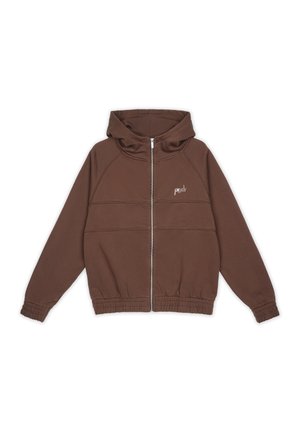 Rjav zip-up hoodie z kapuco na vrvico, z ribastimi manšete in robom, ki ima majhen logotip na prsih ter teksturirano tkanino.