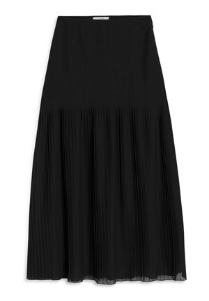Jupe plissée noire avec une large ceinture, au design fluide, en tissu léger et texturé. Longueur jusqu'au mollet.