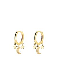 Pendientes de aro de oro con estrellas colgantes y una luna creciente, con acentos brillantes y un acabado pulido.