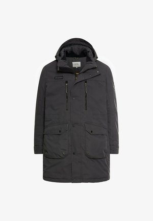 Czarna długa parka z kapturem, wyposażona w wiele kieszeni zapinanych na zamek i guziki, z zamek błyskawiczny z przodu oraz teksturowanym wykończeniem materiału.