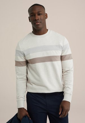 Light gray sweatshirt with horizontal stripes in gray, beige, and rust. Features a crew neck and ribbed cuffs. Soft fabric texture.
