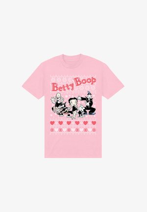 Maglietta rosa con Betty Boop e tre personaggi dei cartoni animati circondati da cuori e motivi a fiocchi di neve, con la scritta "Betty Boop" sopra.