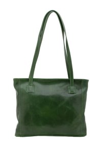 Borsa tote verde in pelle con due lunghe cinghie, texture liscia, forma rettangolare e sottile dettaglio di cucitura lungo i bordi.