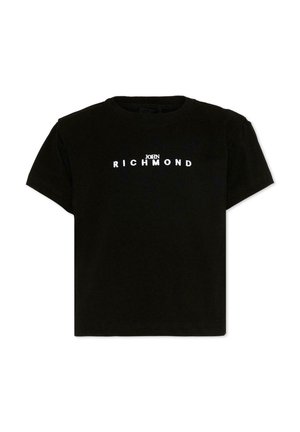 Zwart T-shirt met korte mouwen en een witte "JOHN RICHMOND" tekstlogo in het midden van de borst.