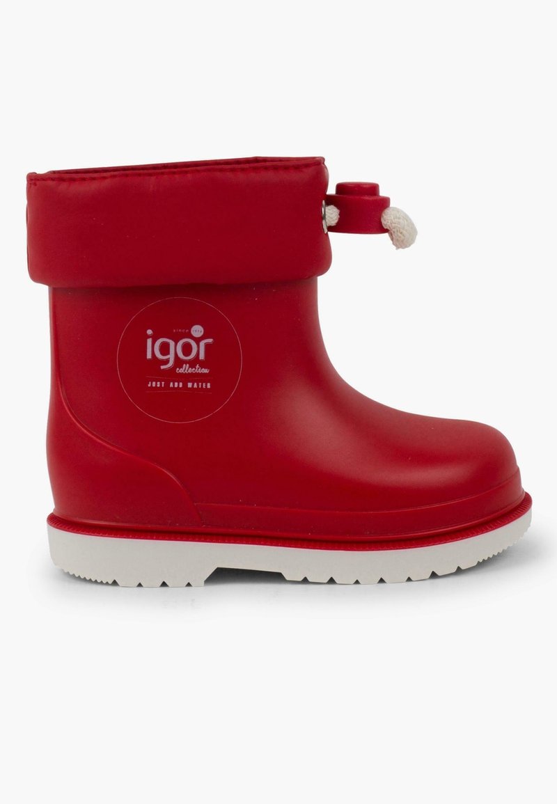 Botte imperméable rouge pour enfant avec semelle blanche, bouton-pression réglable et marquage "igor collection" sur le côté.